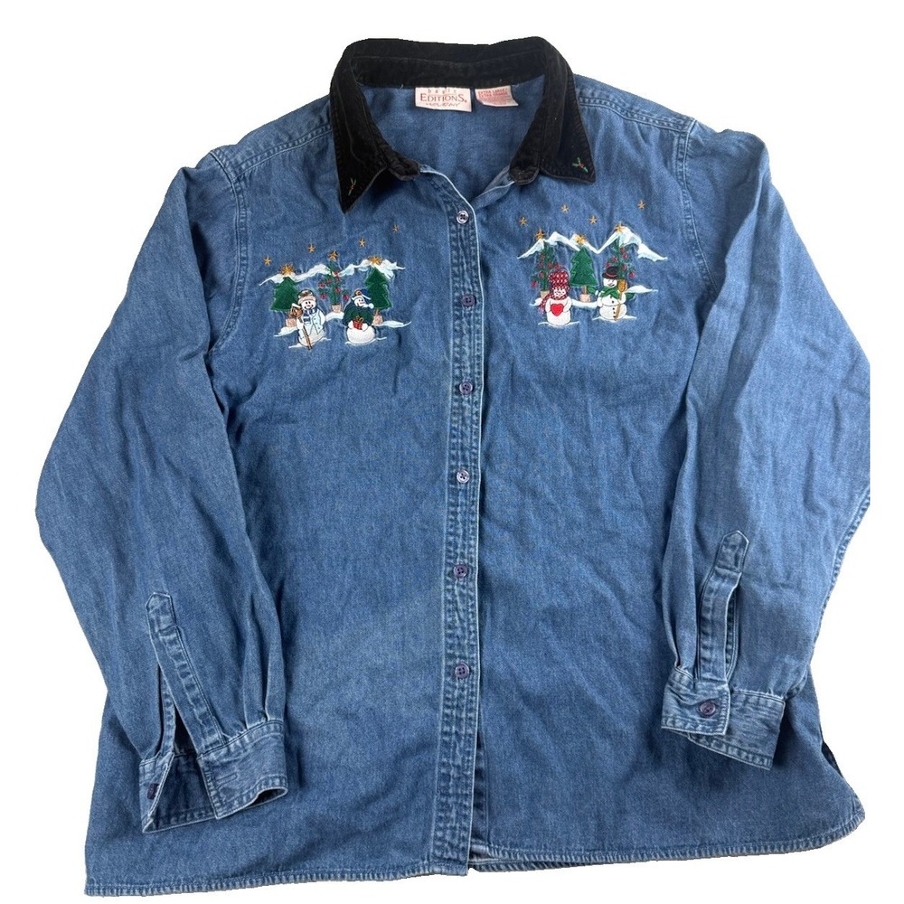 Vtg 90s Basic Editions Holiday Snowmen Denim Shirt XL Embroidered Snowman Skates